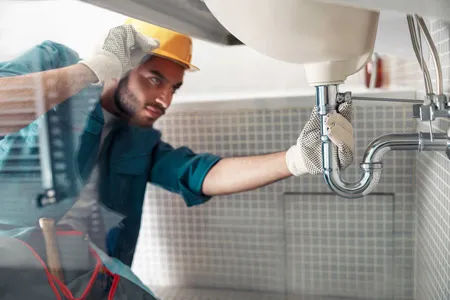 Plombier débouchant une canalisation d'évacuation sous un évier